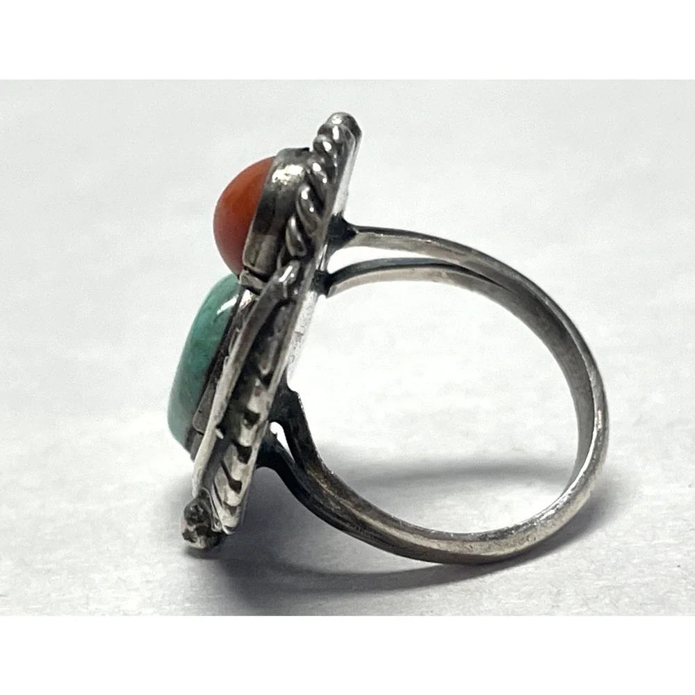 Vintage Native American Sterling Silver Turquoise Coral Ring Size 5